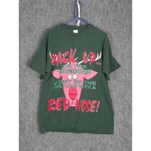 Vintage Christmas Red Nose Reindeer Graphic T-Shirt Funny Holiday Mens L Festive